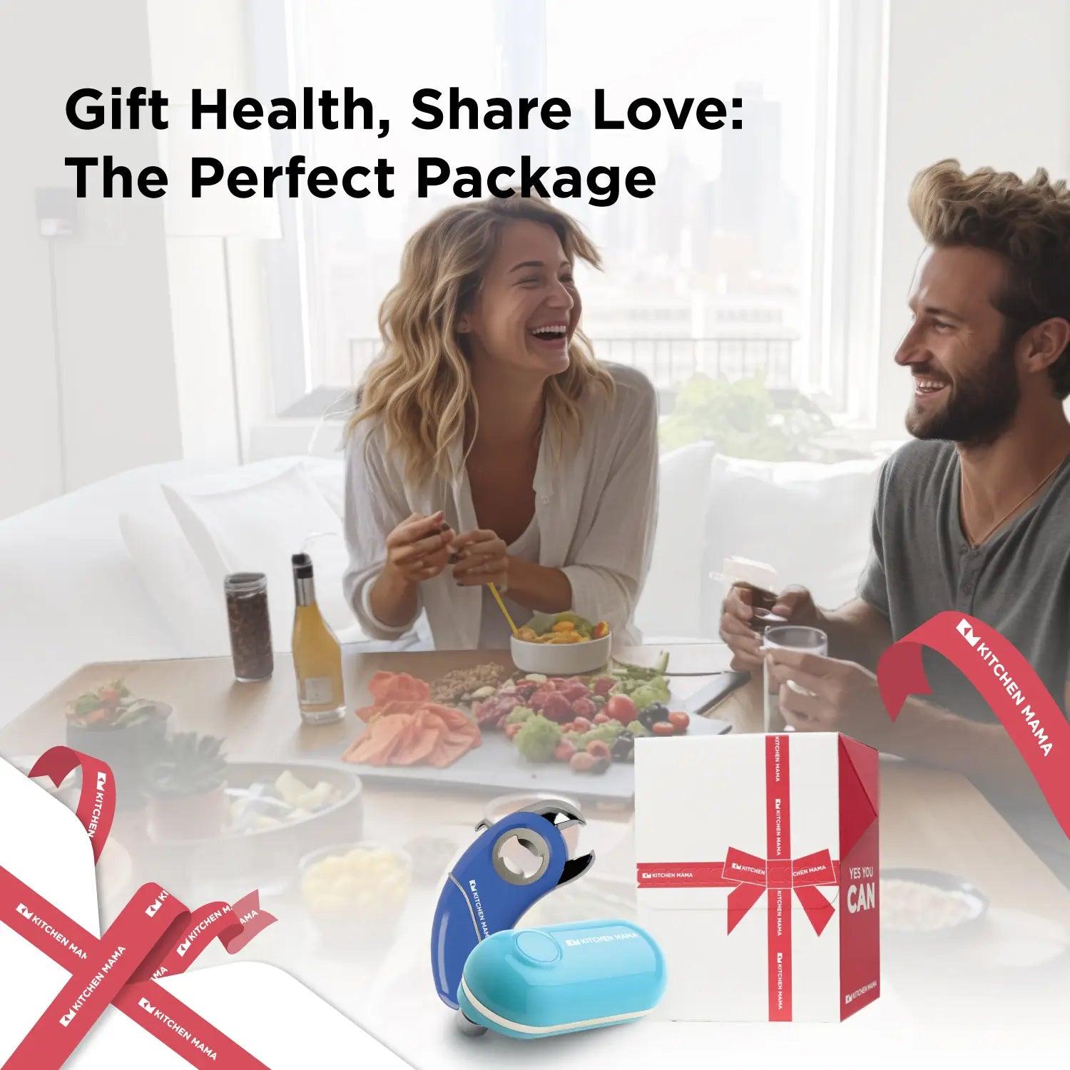 Kitchen Mama Gift Box Mini Epic One, COMO1200GS-BB, Mini Electric Can Opener - The Smallest Electric Can Opener, Blue, CO1200-B, battery operated can opener, electric can openers for kitchen, orange electric can opener, can openers prime for seniors with arthritis, portable can opener, space saver can opener, gift health, share love, the perfect package